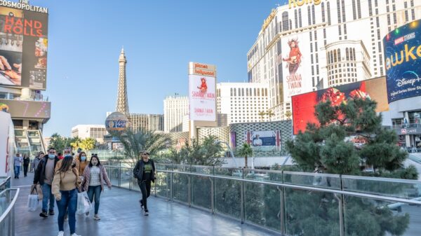People walking on a bridge over the Las Vegas Strip.