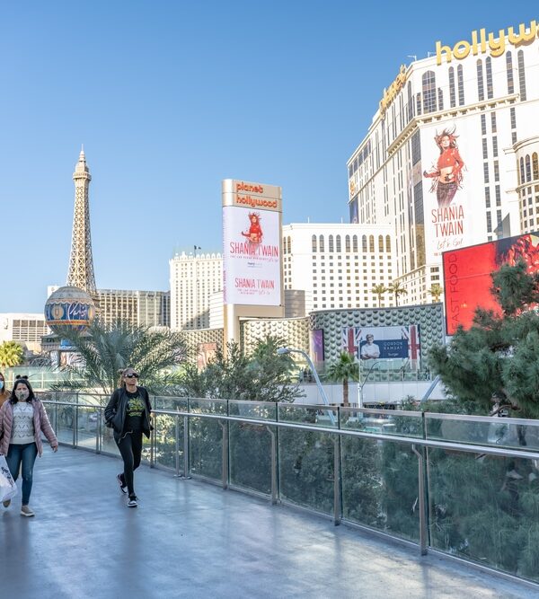 People walking on a bridge over the Las Vegas Strip.