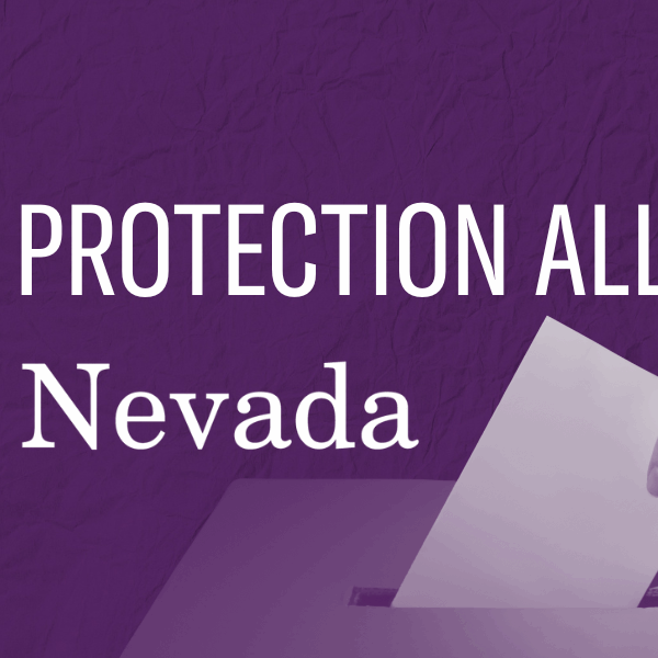 Purple background with shadow of hang putting ballot into box. White ACLU of Nevada logo, underneath it reads "Voter Protection Alliance ACLU Nevada".