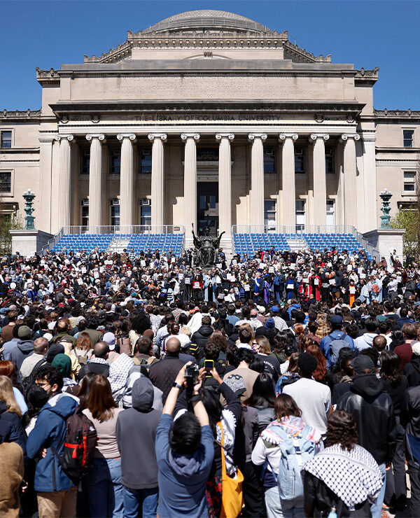 A faculty rally in favor of academic free speech is held in the main quad at Columbia University in New York.