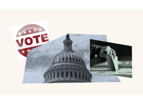 Collage-style graphic featuring the U.S. Capitol dome, a hand placing a ballot into a box, and a circular sticker with the word ‘VOTE’ in bold red letters. The design uses a muted blue and beige color palette, representing civic engagement and voting rights.