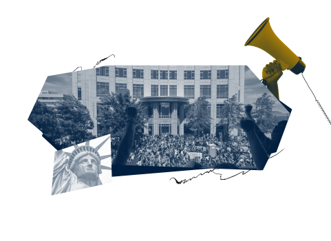 Collage-style graphic featuring a blue-tinted photo of a large crowd gathered in front of a government building, a smaller image of the Statue of Liberty in the bottom left corner, and a yellow megaphone in the top right corner. Scribbled black lines accent the composition, symbolizing protest and free expression.”