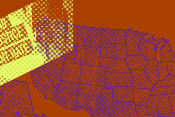 layered images of the united states map, a protest sign that says "demand justice, fight hate"