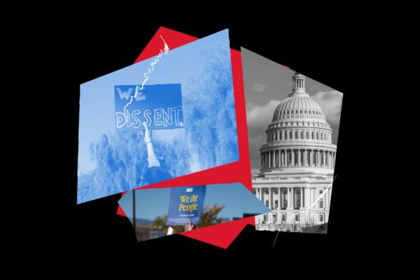 Collage-style graphic on a black background combining protest and democracy imagery. A blue-tinted photo shows a raised sign reading "We Dissent," alongside a black-and-white image of the U.S. Capitol dome and a red geometric backdrop. A smaller image at the bottom shows an ACLU sign reading "We the People."