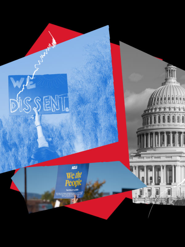 Collage-style graphic on a black background combining protest and democracy imagery. A blue-tinted photo shows a raised sign reading "We Dissent," alongside a black-and-white image of the U.S. Capitol dome and a red geometric backdrop. A smaller image at the bottom shows an ACLU sign reading "We the People."
