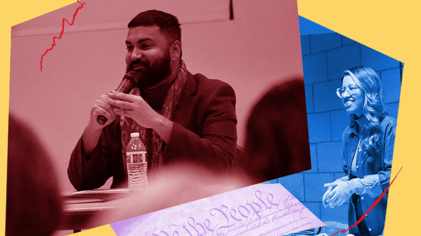 Graphic features images of the Constitution pasted alongside photos of staff at workshops