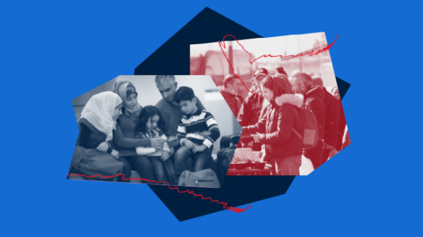 Collage graphic on a blue background showing immigrant families and community members. On the left, a blue-tinted image shows adults and children sitting closely together, reading or looking at documents. On the right, a red-tinted image shows people gathered in a line, bundled in coats, suggesting community support and shared resilience.