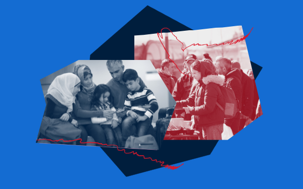 Collage graphic on a blue background showing immigrant families and community members. On the left, a blue-tinted image shows adults and children sitting closely together, reading or looking at documents. On the right, a red-tinted image shows people gathered in a line, bundled in coats, suggesting community support and shared resilience.
