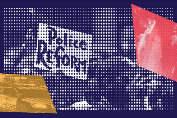 Police car, police reform protest sign, and police standing face to face with a person