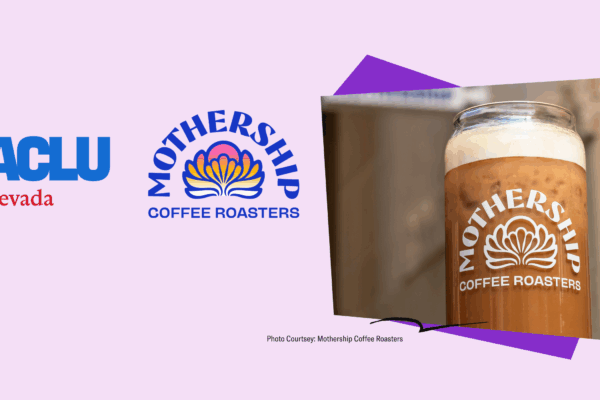 ACLU of Nevada logo. Mothership Logo. Cherry dark mocha cold brew latte in glass cup with Mothership logo