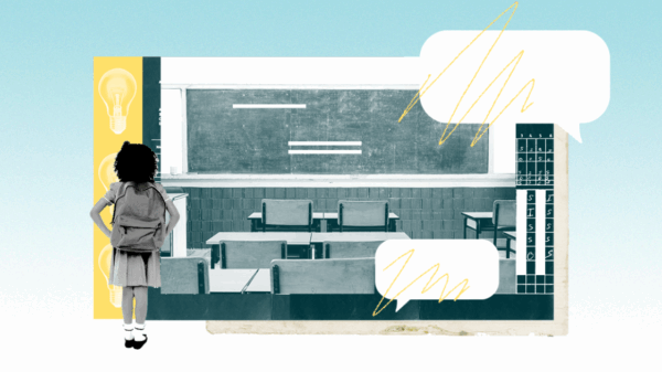 Graphic of student in front of a chalk board.