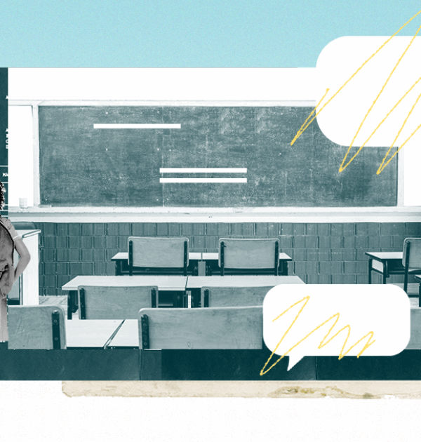 Graphic of student in front of a chalk board.