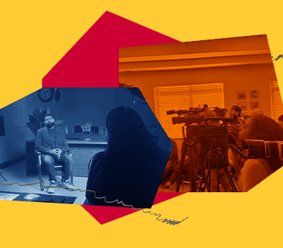 Images of staff interacting with the news media