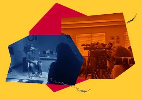 Images of staff interacting with the news media