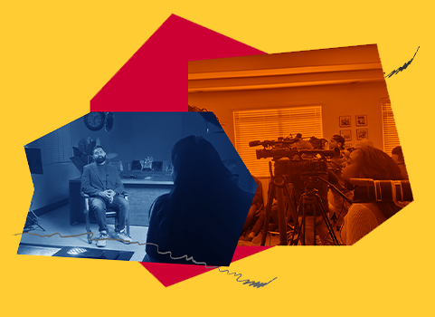 Images of staff interacting with the news media