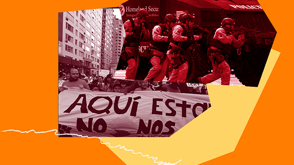 Graphic features images of a pro-immigrants rights protest contrasted next to an image of militarized federal agents in agroup