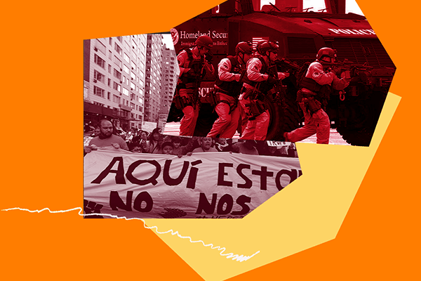 Graphic features images of a pro-immigrants rights protest contrasted next to an image of militarized federal agents in agroup