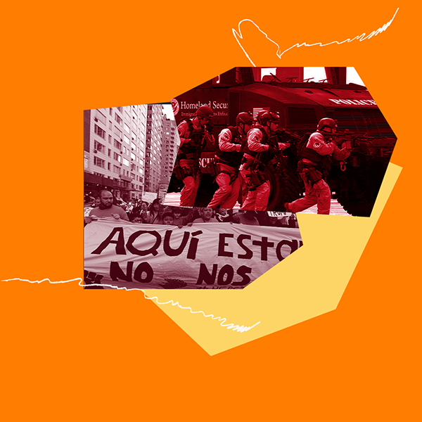 Graphic features images of a pro-immigrants rights protest contrasted next to an image of militarized federal agents in agroup