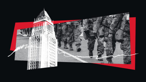 Collage-style image with a black background, featuring a grayscale photo of soldiers in camouflage marching in formation. In the foreground is a tall government building rendered in stark white, partially outlined in red. Red geometric shapes and a white scribble overlay add emphasis. The image evokes themes of militarization, government power, and civic authority.