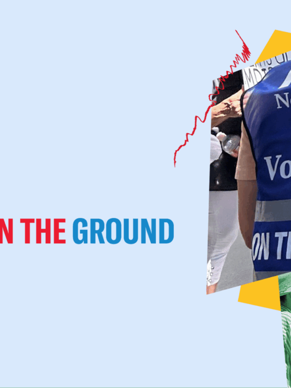 images of ACLU volunteers, who wear safety vests reading "On The Ground Volunteer"