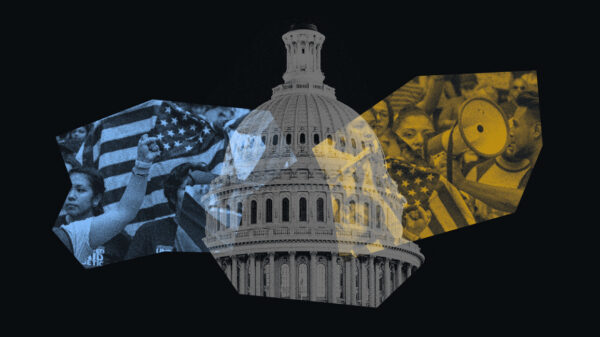 Collage-style image with a dark background featuring the U.S. Capitol dome in the center. On the left, tinted in blue, a group of people raise fists and hold American flags in protest. On the right, tinted in yellow, demonstrators with a megaphone and more flags appear. The composition symbolizes civic activism, protest, and the connection between people power and governmental institutions.