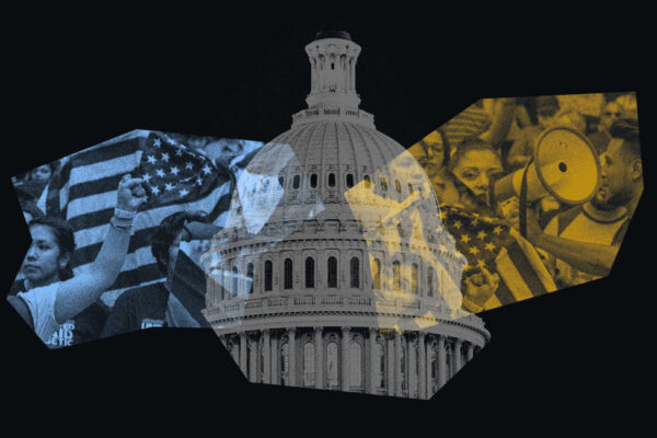 Collage-style image with a dark background featuring the U.S. Capitol dome in the center. On the left, tinted in blue, a group of people raise fists and hold American flags in protest. On the right, tinted in yellow, demonstrators with a megaphone and more flags appear. The composition symbolizes civic activism, protest, and the connection between people power and governmental institutions.