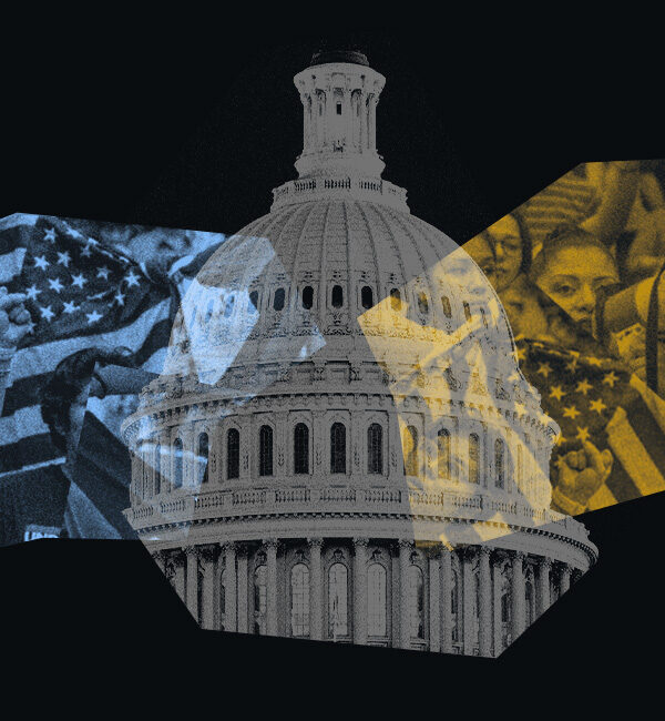 Collage-style image with a dark background featuring the U.S. Capitol dome in the center. On the left, tinted in blue, a group of people raise fists and hold American flags in protest. On the right, tinted in yellow, demonstrators with a megaphone and more flags appear. The composition symbolizes civic activism, protest, and the connection between people power and governmental institutions.