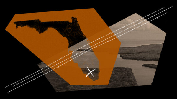 Stylized graphic featuring an outline of the state of Florida in orange overlaid on a black-and-white aerial image of coastal wetlands. Barbed wire lines cross diagonally over the image, and a white "X" is marked near the southern tip of Florida. The imagery evokes themes of restriction or confinement.