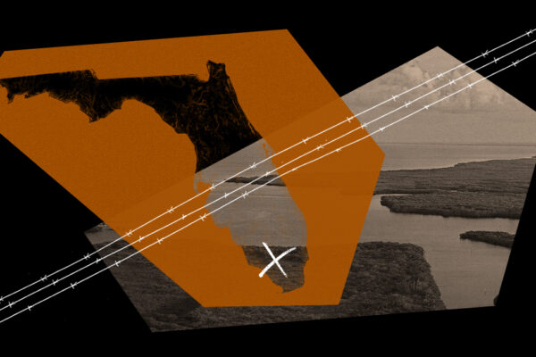 Stylized graphic featuring an outline of the state of Florida in orange overlaid on a black-and-white aerial image of coastal wetlands. Barbed wire lines cross diagonally over the image, and a white "X" is marked near the southern tip of Florida. The imagery evokes themes of restriction or confinement.