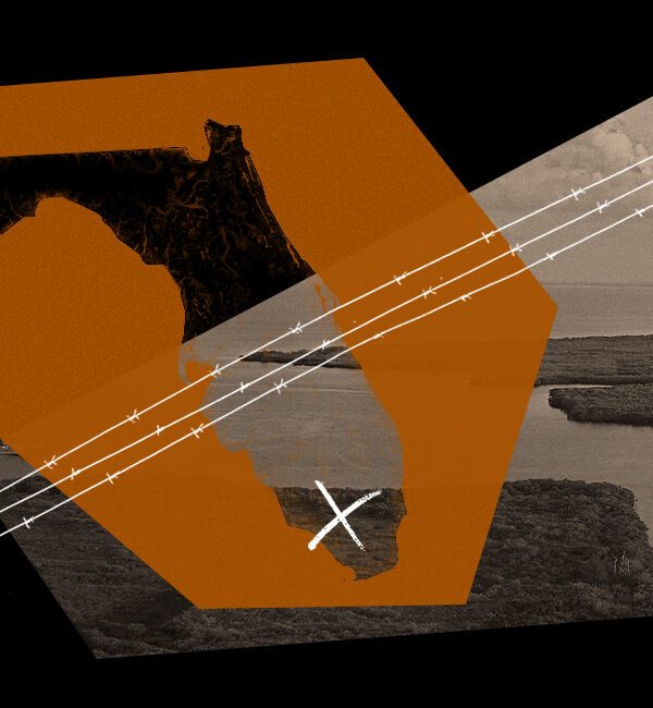 Stylized graphic featuring an outline of the state of Florida in orange overlaid on a black-and-white aerial image of coastal wetlands. Barbed wire lines cross diagonally over the image, and a white "X" is marked near the southern tip of Florida. The imagery evokes themes of restriction or confinement.