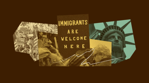 Collage-style graphic with sepia, teal, and yellow tones. At the center is a sign reading “IMMIGRANTS ARE WELCOME HERE.” Surrounding the sign are images of immigrant rights protests with American flags, a close-up of the Statue of Liberty, people embracing, and a crowd of demonstrators. The imagery conveys solidarity, inclusion, and support for immigrant communities.
