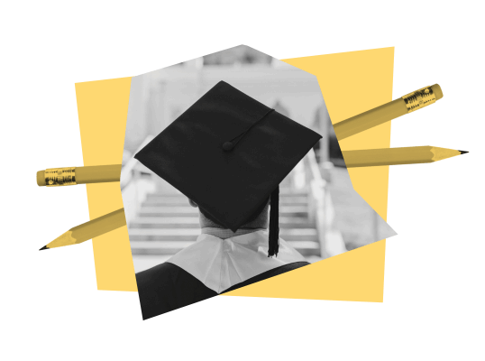 Graphic featuring a black-and-white photo of a graduate wearing a cap and gown, viewed from behind while walking up steps. The image is overlaid with yellow geometric shapes and crossed yellow pencils, representing education, achievement, and the right to learn.