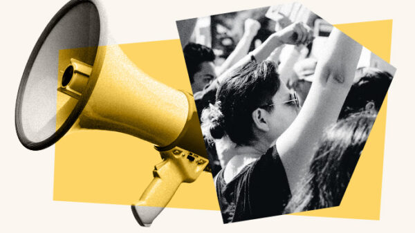 Collage-style image featuring a yellow megaphone beside a black-and-white photo of protesters raising their fists in the air. The background uses yellow geometric shapes.