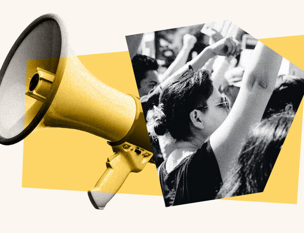 Collage-style image featuring a yellow megaphone beside a black-and-white photo of protesters raising their fists in the air. The background uses yellow geometric shapes.
