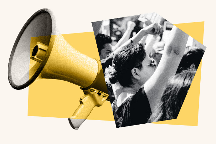 Collage-style image featuring a yellow megaphone beside a black-and-white photo of protesters raising their fists in the air. The background uses yellow geometric shapes.