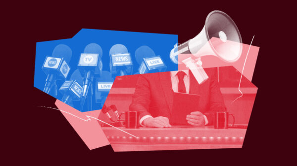 Collage graphic featuring a cluster of blue news microphones on the left and a red-tinted image of a suited person sitting at a desk in the center. A large megaphone overlays the right side in shades of pink. Abstract shapes and lines tie the elements together.