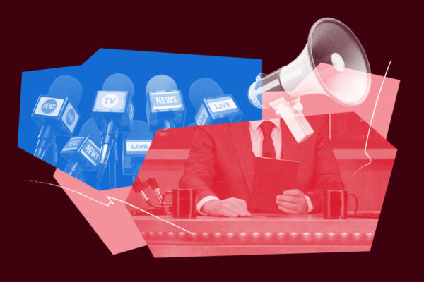 Collage graphic featuring a cluster of blue news microphones on the left and a red-tinted image of a suited person sitting at a desk in the center. A large megaphone overlays the right side in shades of pink. Abstract shapes and lines tie the elements together.