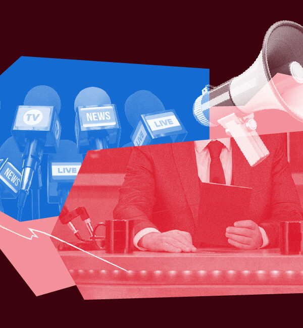 Collage graphic featuring a cluster of blue news microphones on the left and a red-tinted image of a suited person sitting at a desk in the center. A large megaphone overlays the right side in shades of pink. Abstract shapes and lines tie the elements together.