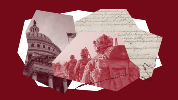 Collage graphic in red tones featuring the U.S. Capitol dome, a group of military personnel in gear, and a faded image of a historical document.
