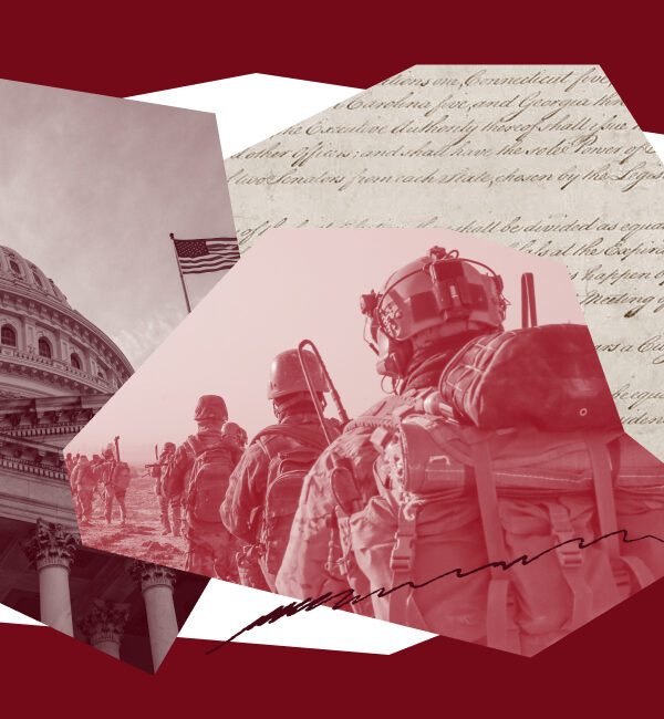 Collage graphic in red tones featuring the U.S. Capitol dome, a group of military personnel in gear, and a faded image of a historical document.
