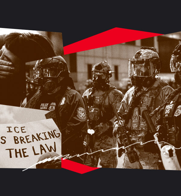 Collage graphic showing a group of officers in riot gear, a person holding a sign that reads ‘ICE is breaking the law,’ and two people embracing.