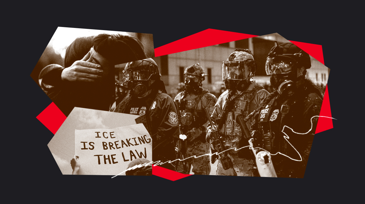 Collage graphic showing a group of officers in riot gear, a person holding a sign that reads ‘ICE is breaking the law,’ and two people embracing.