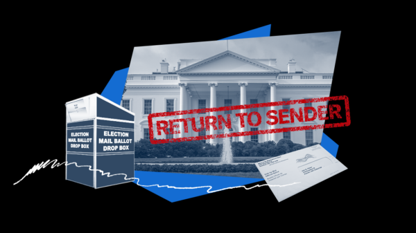 Graphic featuring the White House in grayscale with a bold red stamp reading ‘Return to Sender’ across it. In the foreground are an election mail ballot drop box and a mail-in ballot envelope.