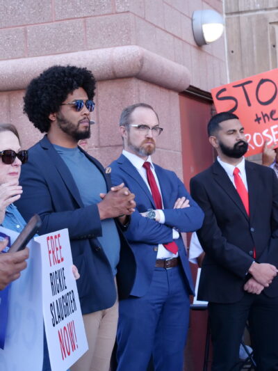 Advocates in front of the Eighth Judicial District Court rallying for the release of Rickie Slaughter.