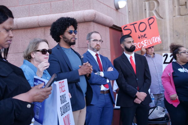 Advocates in front of the Eighth Judicial District Court rallying for the release of Rickie Slaughter.