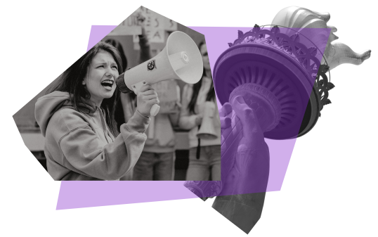Collage graphic showing a person speaking into a megaphone at a protest on the left and a purple-tinted image of the Statue of Liberty on the right.
