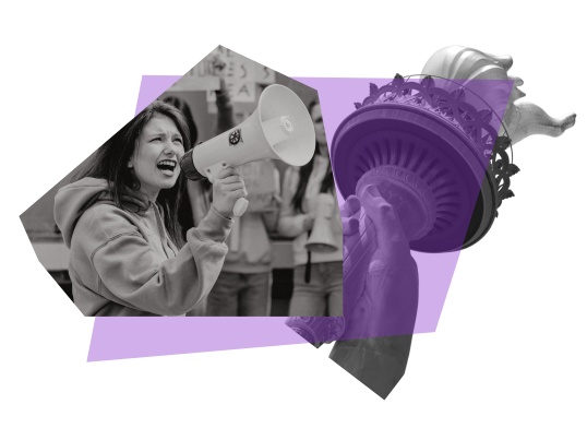 Collage graphic showing a person speaking into a megaphone at a protest on the left and a purple-tinted image of the Statue of Liberty on the right.