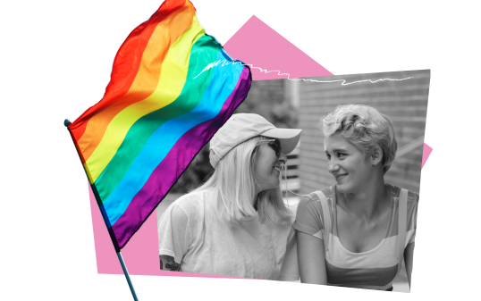 Collage graphic featuring a rainbow pride flag on the left and a black-and-white photo of two people smiling at each other on the right.