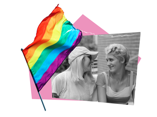 Collage graphic featuring a rainbow pride flag on the left and a black-and-white photo of two people smiling at each other on the right.