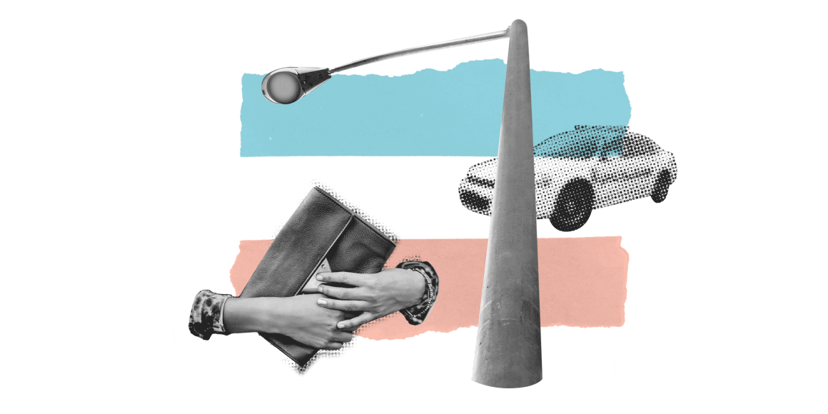 Two hands holding a purse near a street lamp and police car on a background with the trans flag colors.